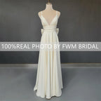 Real Photos Sexy High Split Soft Satin Wedding Bridal Gown Spaghetti Straps V Neck Backless Bow Bridal Dress Evening Dress