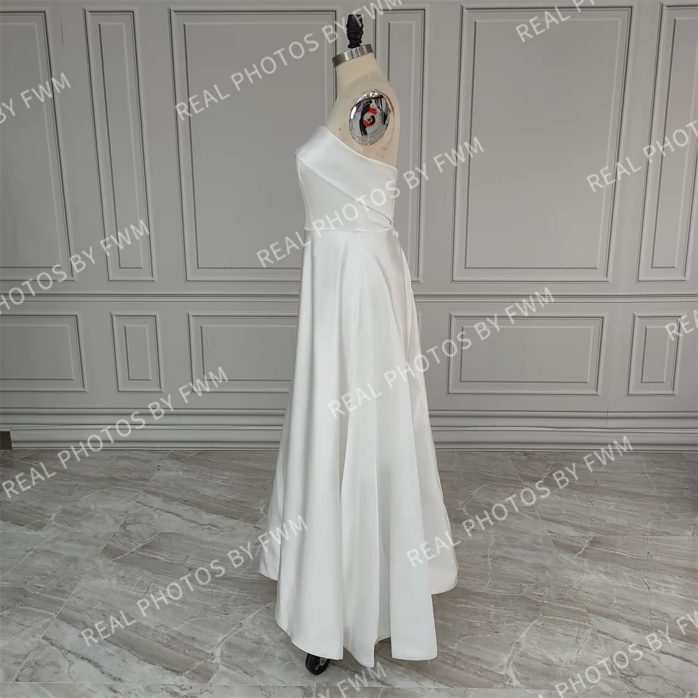 100% Real Photos Simple Sleeveless Strapless Satin Long Train A-line Wedding Dress Bridal Evening Prom Dress for Plus Size Women