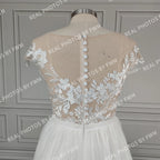 Real Photos High Quality Boat Neck Cap Sleeve Split Appliques Lace Wedding Dress Elegant Tulle A-line Bridal Gown for Women