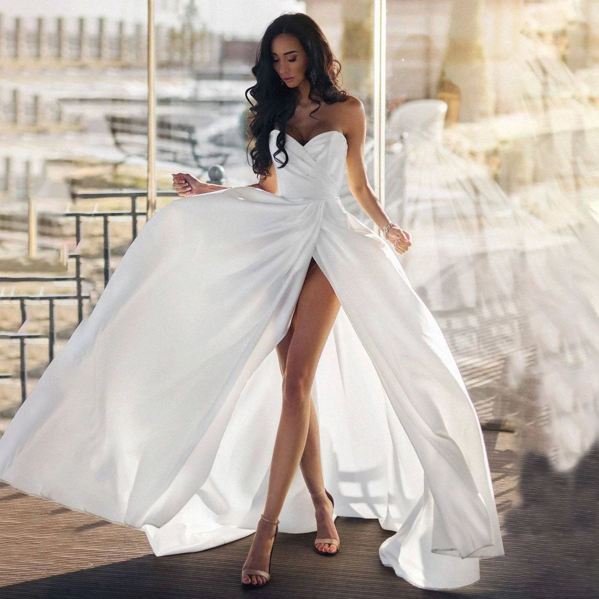 8270#Real Photos Strapless Sleeveless Sweetheart Open Back Chiffon Sweep Train Ruched Slit Wedding Dress Wedding Bridal Gown