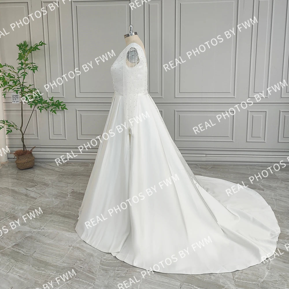 Real Photos High Quality Long Pearls Tulle A-line Wedding Dress for Bride Elegant Backless Satin Bridal Gown With Pockets