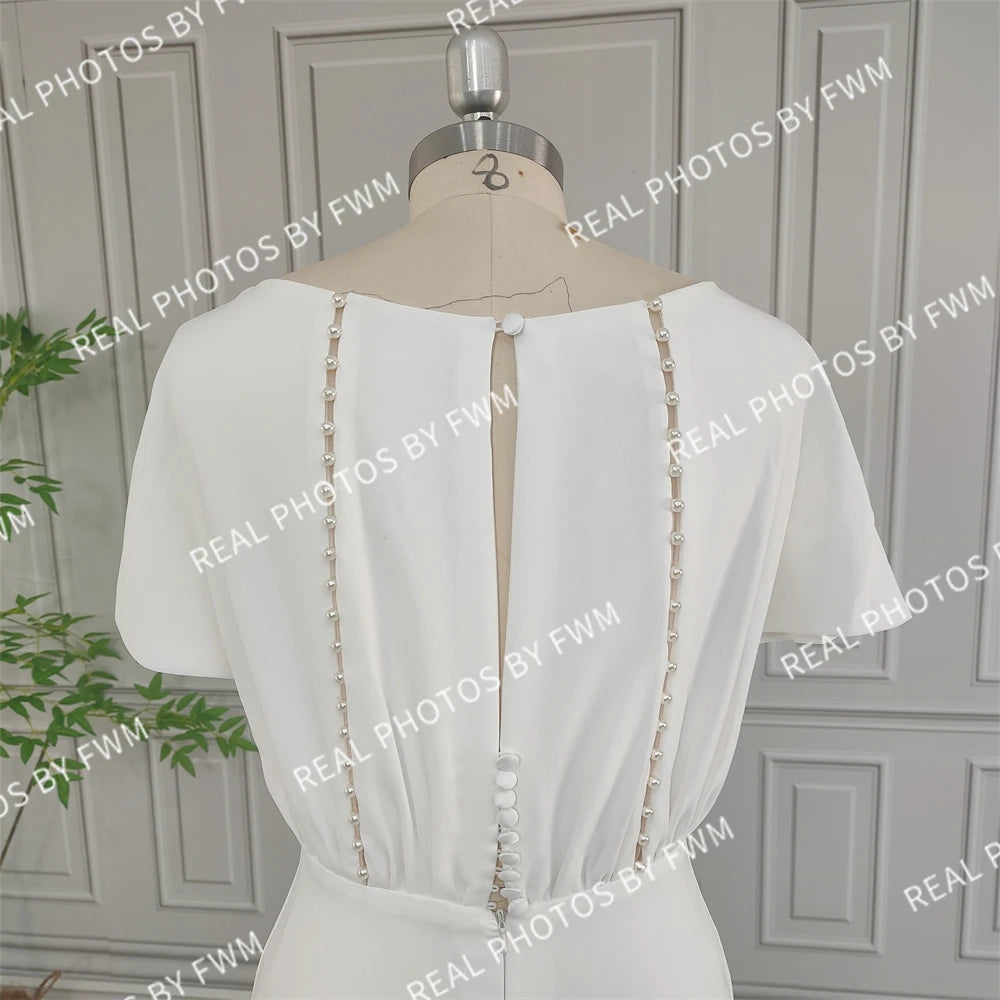 Real Photos High Quality Simple Boat Neck Soft Satin Wedding Dress Elegant Women Short Sleeve Bride Gown With Pearls Button