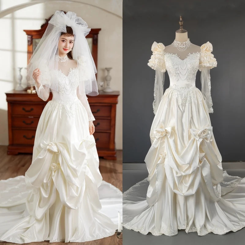 2209# Real Photos Vintage Renaissance 1920s Exquisite Appliques Pearls Lace Wedding Dress Sweep Train Bridal Gown Ball Gown