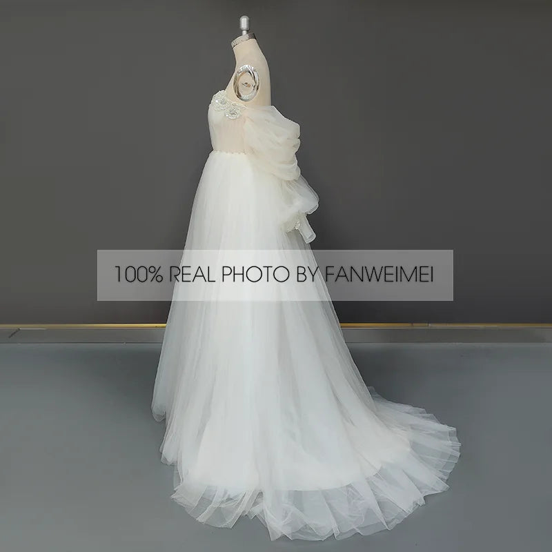 Real Photos Puffy Sleeves Sweetheart Backless A-Line Beading Lace Wedding Dress Sweep Train Tulle Bridal Gown for Wedding