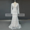Real Photos Boho V-Neck Long Sleeve Mermaid Appliques Lace Wedding Dress Woman Backless Sweep Train Bridal Gown for Wedding