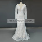 Real Photos Boho V-Neck Long Sleeve Mermaid Appliques Lace Wedding Dress Woman Backless Sweep Train Bridal Gown for Wedding
