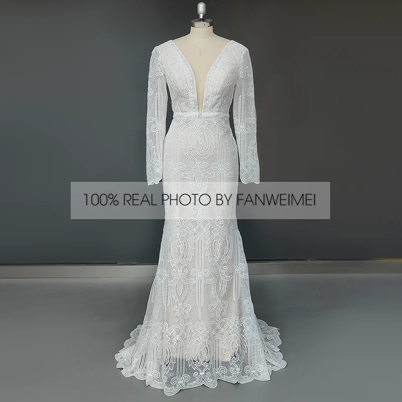 Real Photos Boho V-Neck Long Sleeve Mermaid Appliques Lace Wedding Dress Woman Backless Sweep Train Bridal Gown for Wedding