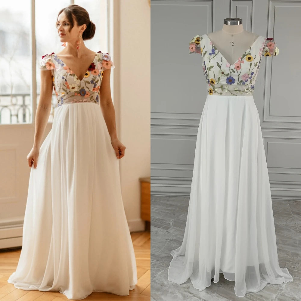 10808# Real Photos Pastrol Cap Sleeves V-Neck Floral Appliques A-line Chiffon Wedding Dress for Women Backless Bridal Gown