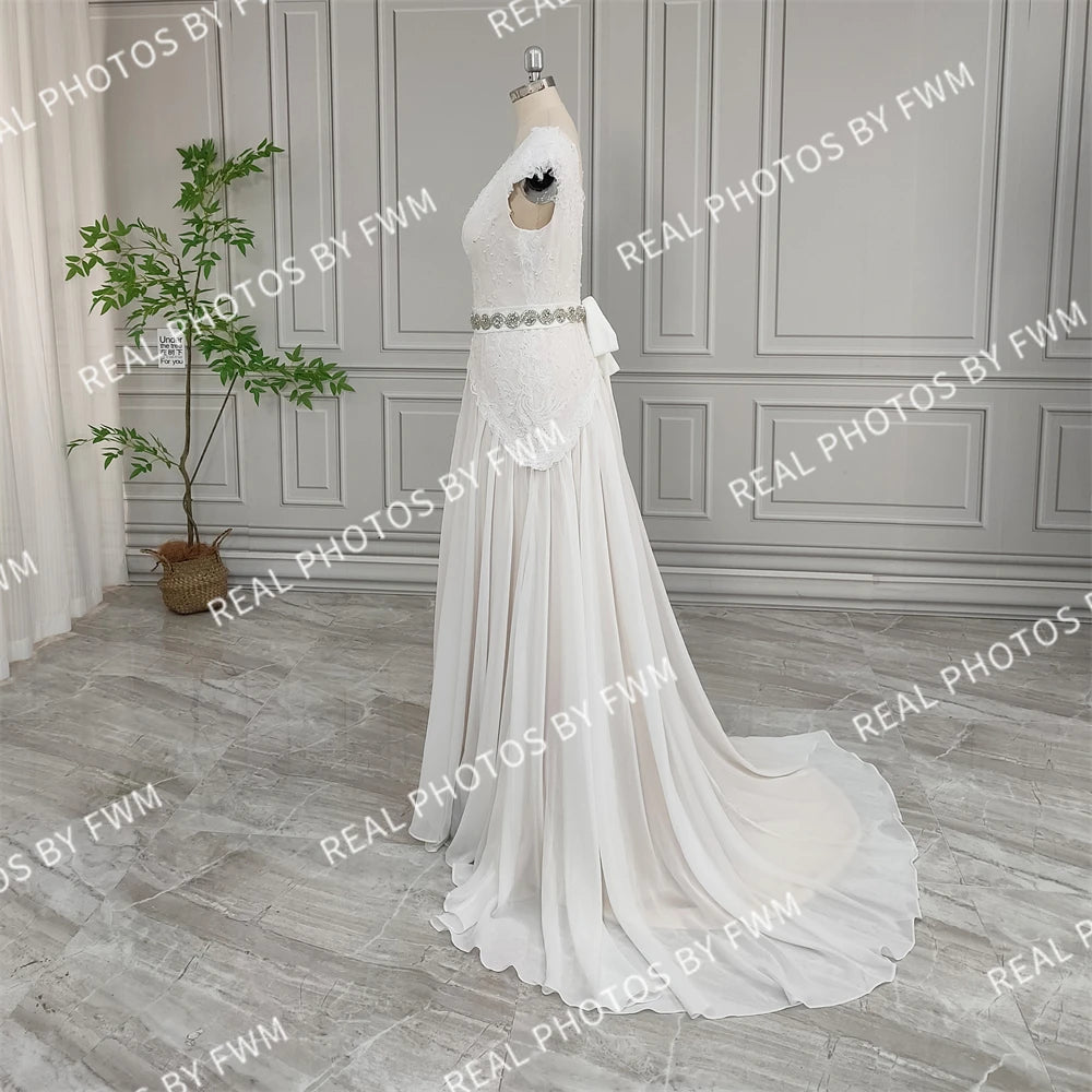 Real Photos High Quality Cap Sleeves V-Neck Chiffon Wedding Dress Elegant Appliques Lace Bridal Gown With Crystal Belt
