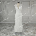 100% Real Photos Simple V-neck Sleeveless Lace Mermaid Wedding Dress Elegant Sweep Train Sleeveless Bridal Gown for Women