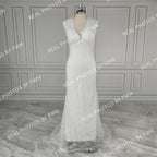 100% Real Photos Simple V-neck Sleeveless Lace Mermaid Wedding Dress Elegant Sweep Train Sleeveless Bridal Gown for Women