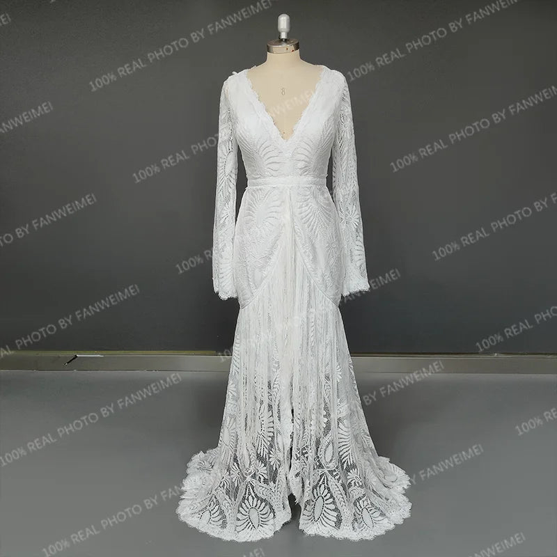 15320# Real Photos Bohemia Appliques Lace Mermaid Sweep Train Wedding Dress Bridal Gown With Tassel Evening Dresses for Women