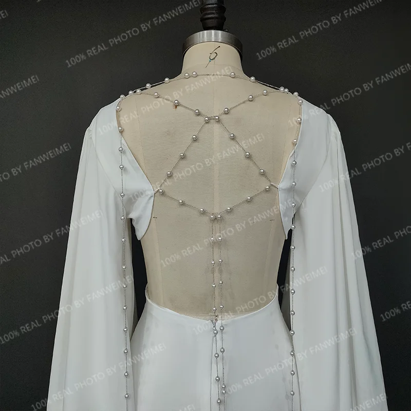 Real Photos Simple V-neck Backless Pearls Puffy Sleeves With Tassel Wedding Dress Sweep Train Mermaid Bridal Gown for Women