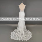 12590# Real Photos V Neck Backless Mermaid Wedding Dress Sleeveless Boho Romatics Lace Bridal Gown for Beach Lawn Wedding