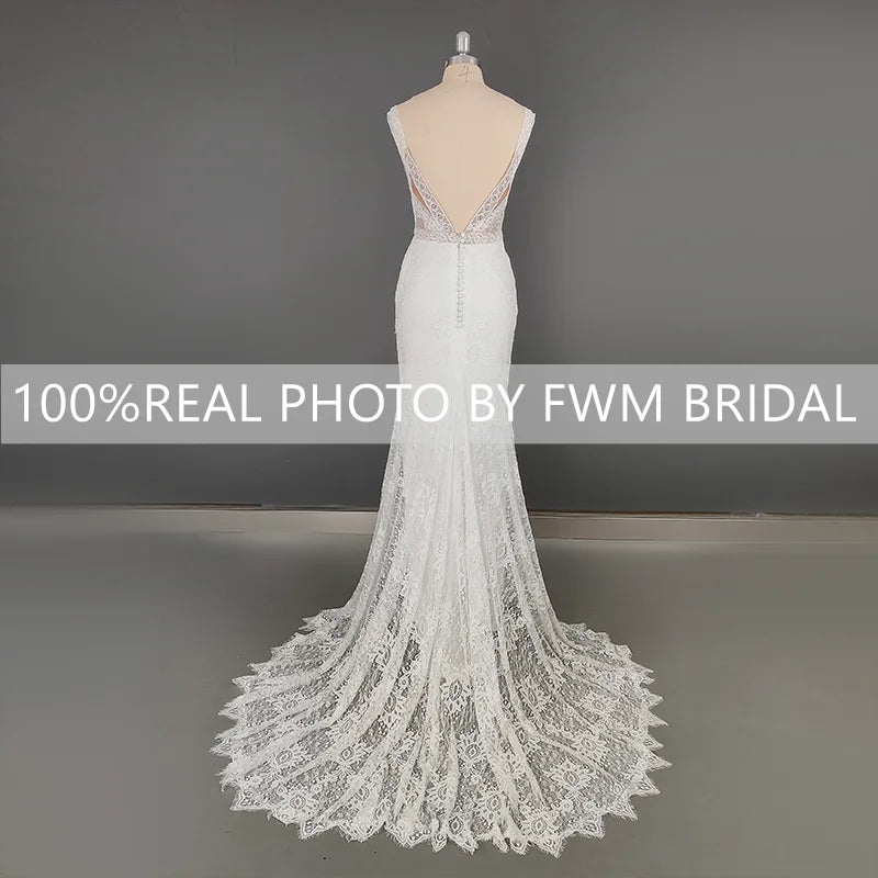12590# Real Photos V Neck Backless Mermaid Wedding Dress Sleeveless Boho Romatics Lace Bridal Gown for Beach Lawn Wedding