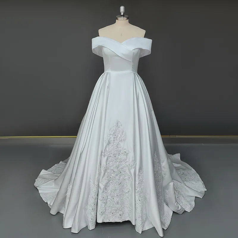 11530#Real Photos Ivory Strapless A-Line Off-Shoulder Open Back V-Neck Satin Lace Wedding Dress Wedding Gown Bridal Gown