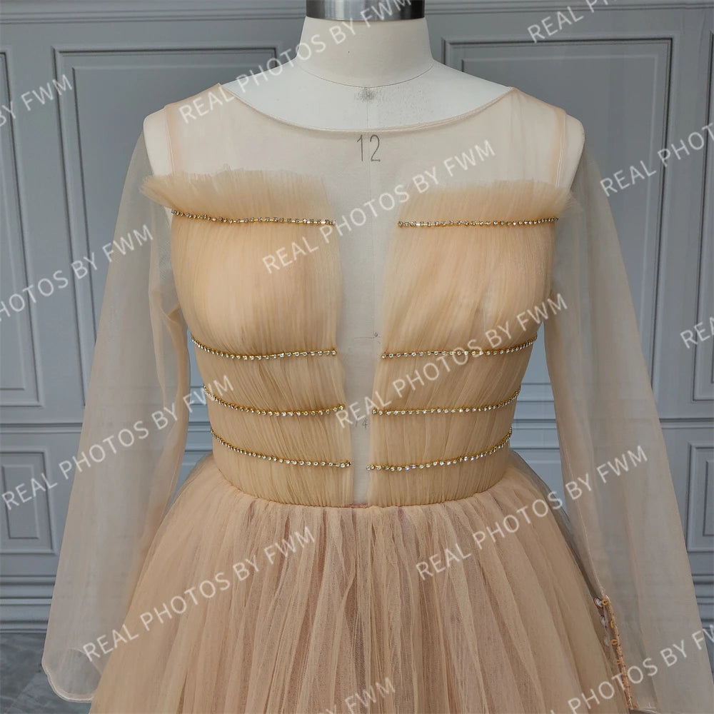 #3113 REAL PHOTOS O-Neck Elegant Champagne Sleeveless Puffy A-Line Bride Gown Wedding Dress for Women Evening Dress Party Dress