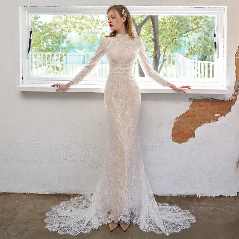 4198#  Real Photos Sweep Train  Arabic Spring Mermaid Online Long Sleeves Lace Champagne Wedding Gowns Bride Dresses