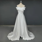 Real Photos Simle Classic Off Shoulder A-line Satin Wedding Dress Side Slit Bridal Gown Sweep Train Bride Dress for Wedding