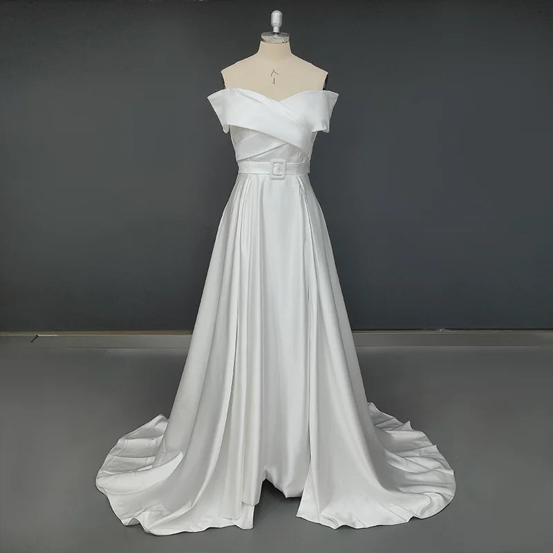 Real Photos Simle Classic Off Shoulder A-line Satin Wedding Dress Side Slit Bridal Gown Sweep Train Bride Dress for Wedding