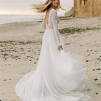 11617#Real Photos A-Line Lace O-Neck Sweep Train Bohemian Long Sleeve Illusion Open Back Wedding Dress Wedding Gown Bridal Gown
