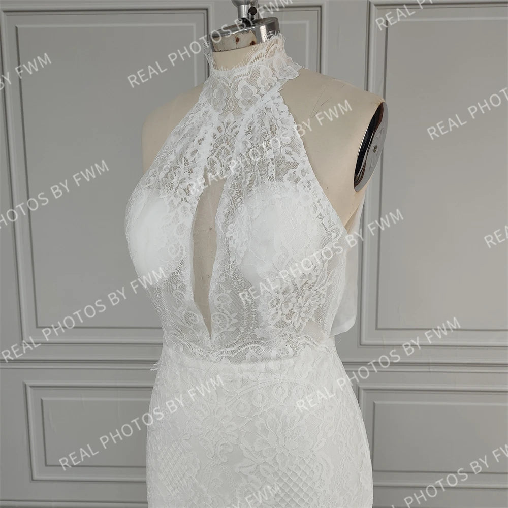 Real Phtos High Quality Beach Halter Backless Mermaid Lace Wedding Dress for Women Bridal Gown With Sweep Train  3279