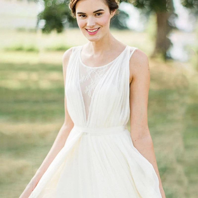 735# Real Photos Wedding Dress Sleeveless Round Neck Sheer Back Bohemian A-Line Beach Sweep Train Chiffon Lace Bride Gown