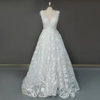 Real Photos Elegant Backless Sleeveless A-Line Tulle Lace Applique Wedding Dress Deep V-Neck Women Bridal Gown for Wedding