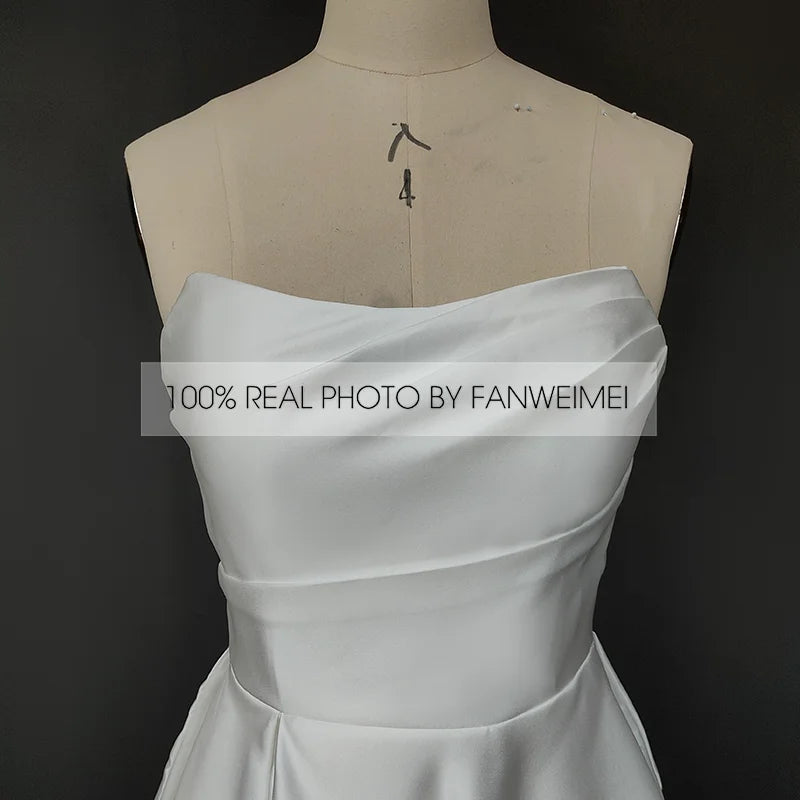 Real Photos Gorgeous Strapless Sleeveless A-Line Simple Sweep Train Satin Wedding Dress Side Slit Bridal Gown for Women
