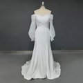 Real Photos Off Shoulder Lantern Sleeves Sheath Soft Satin Ruched Sweep Train Wedding Dress Low Back Bridal Gown for Women