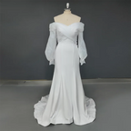Real Photos Off Shoulder Lantern Sleeves Sheath Soft Satin Ruched Sweep Train Wedding Dress Low Back Bridal Gown for Women