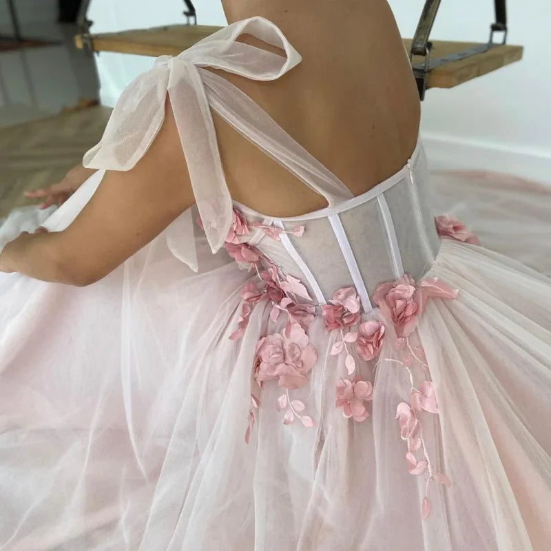 15293#Real Photos Pink Flowers Spaghetti Straps Wedding Bridal Ball Gown Birthday Party Dress for Women Prom Evening Dress