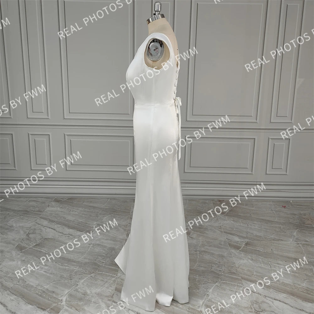 10276# Real Photos Simple Square Collar Satin Mermaid Wedding Dress Backless Lace up Bride Gown for Women Evening Dress