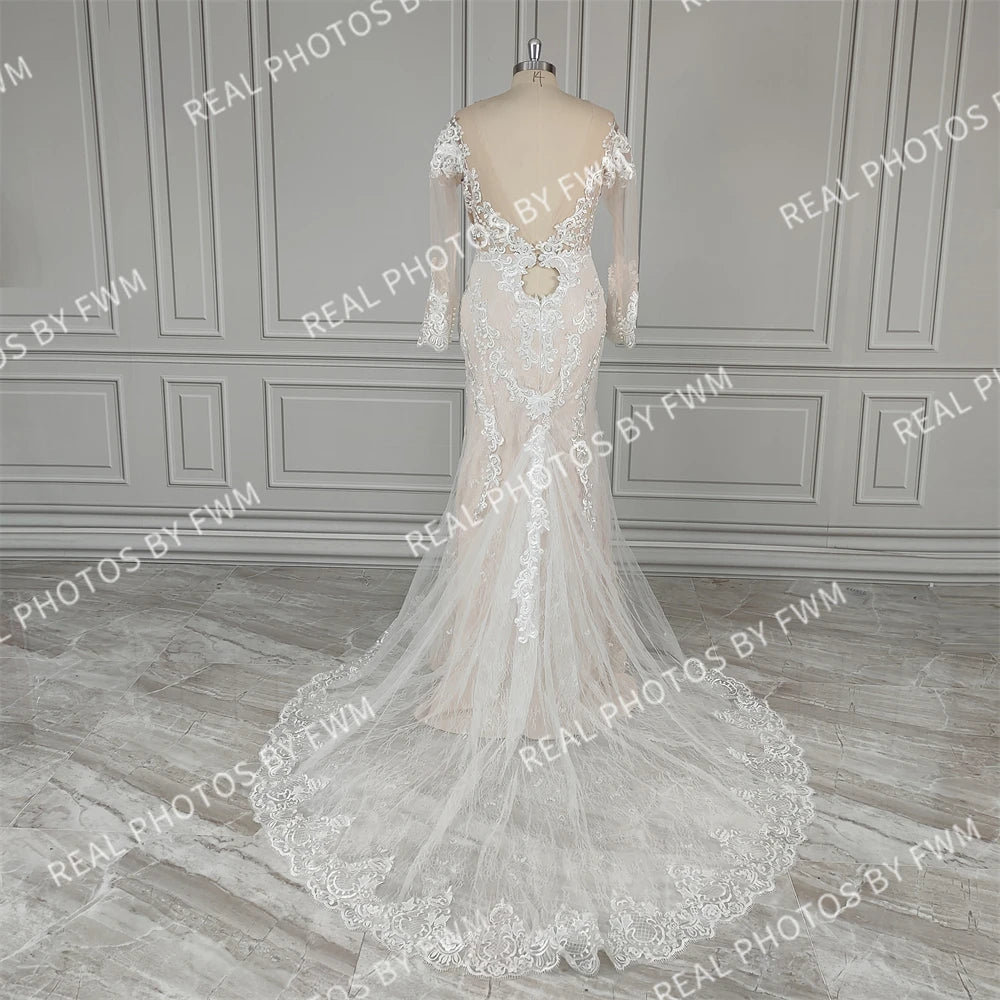 15883# Real Photos Long Sleeves Appliques Lace Mermaid Wedding Dress Sweep Train Backless Bride Gown for Women Vestidos De Novia
