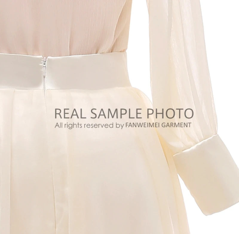 1029# Real Pictures Two Piece Long Sleeve Beige Tulle Chiffon Floor Length Shirt Collar Wedding Dress Bridal Gown WIth Button