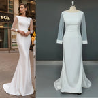 8209#Real Photos Sheer Long Sleeve O-Neck Open Corset Back Sheath Soft Satin Sweep Train Wedding Dress Wedding Bridal Gown