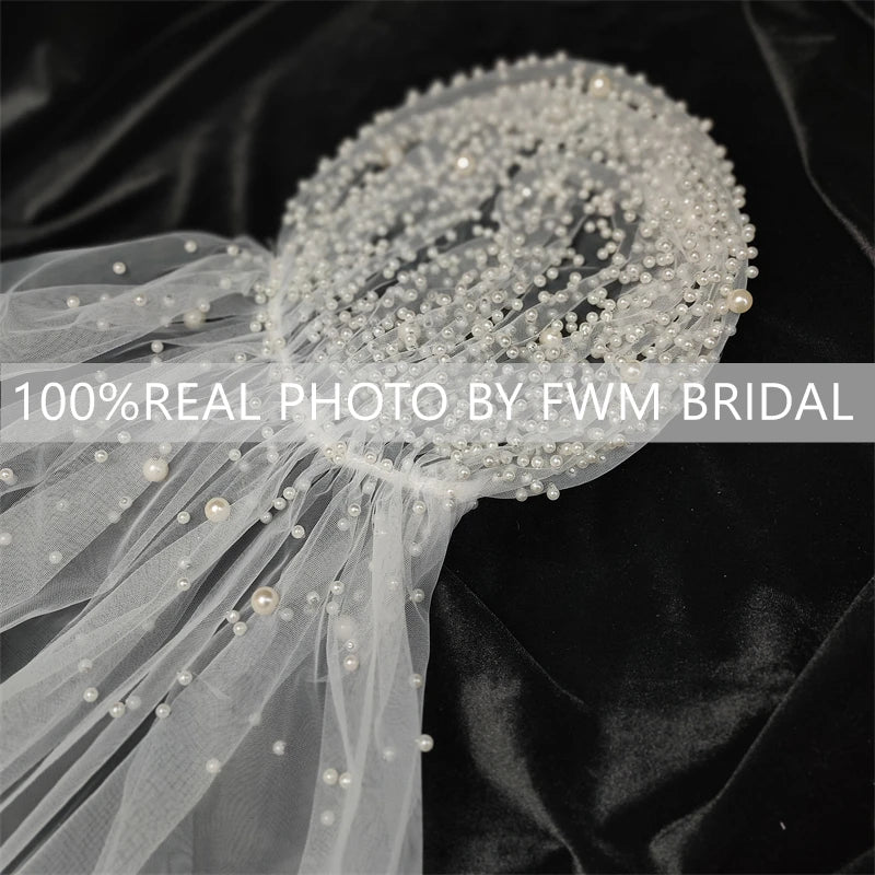 V119 Real Photos Vintage Two Layer Lace Tulle With Pearls Bridal Veil Wedding Accessories for Wedding