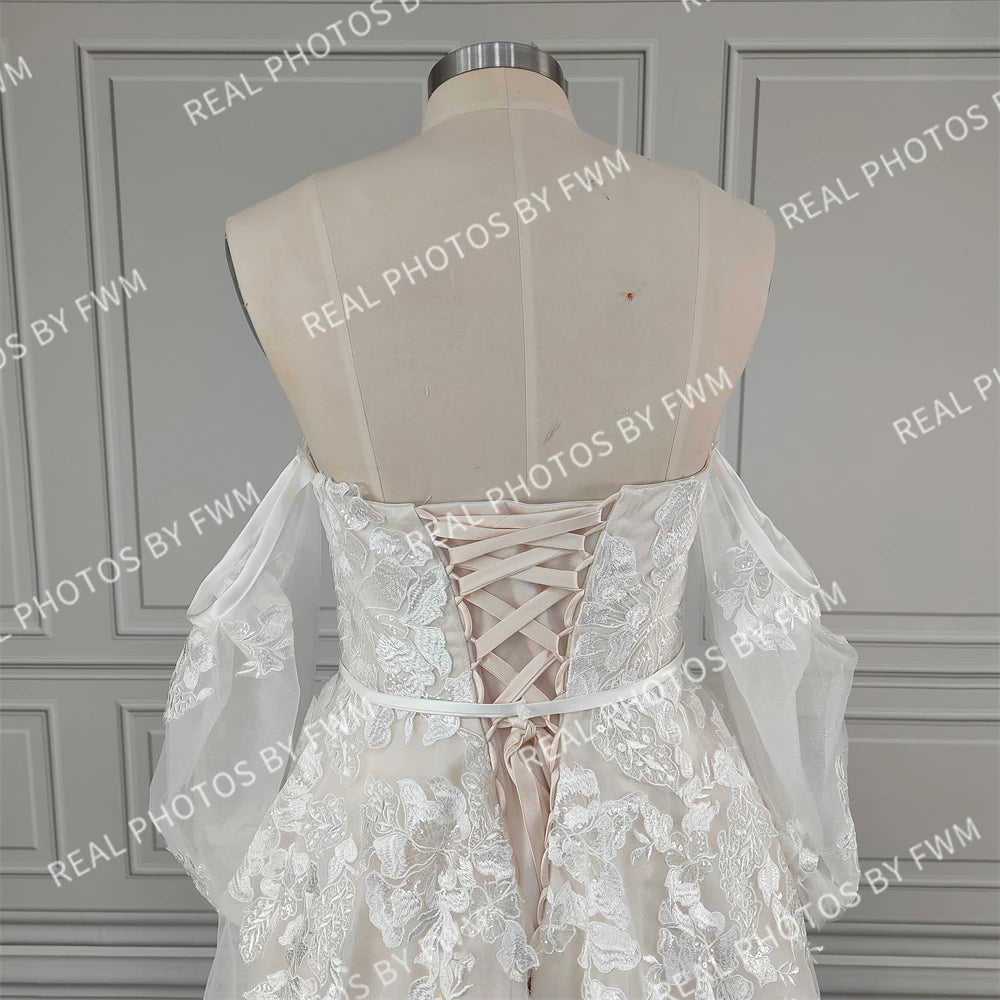 Real Photos Dream Off Shoulder Appliques Sequined Lace A-line Wedding Dress Glittery Tulle Sweep Train Bride Gown for Women