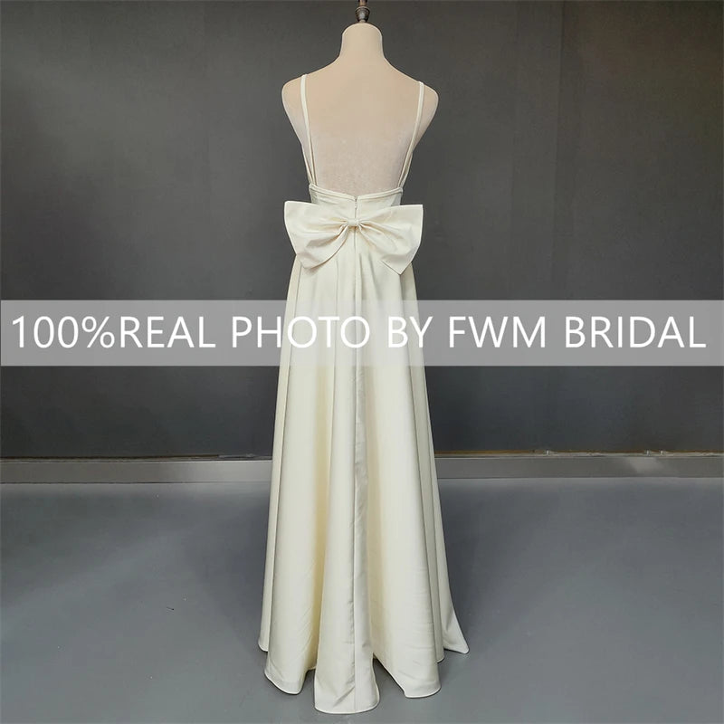 Real Photos Sexy High Split Soft Satin Wedding Bridal Gown Spaghetti Straps V Neck Backless Bow Bridal Dress Evening Dress