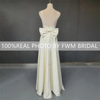 Real Photos Sexy High Split Soft Satin Wedding Bridal Gown Spaghetti Straps V Neck Backless Bow Bridal Dress Evening Dress