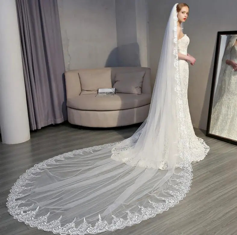 One Layer 3.5 *3 Meters Long Cheap Lace Long Bridal Soft Tulle Lace Veil Wedding Veil  Bridal Veil Wedding Accessories