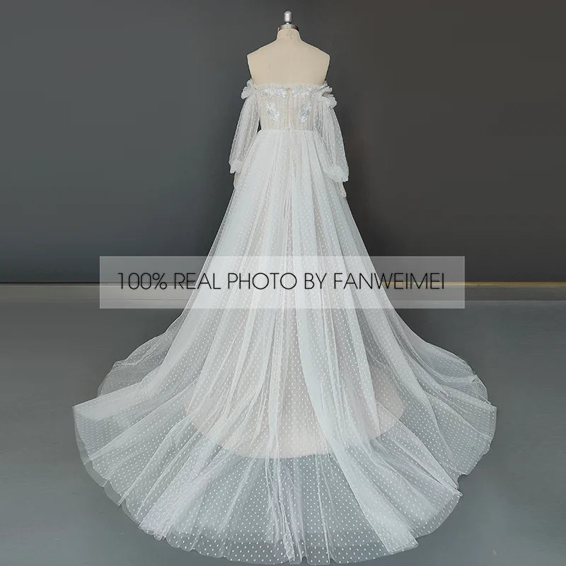 Real Photos Elegant Detachable 3/4 Puffy Sleeves Pleated Dot Tulle A-line Wedding Dress Sweep Train Bride Gown for Women