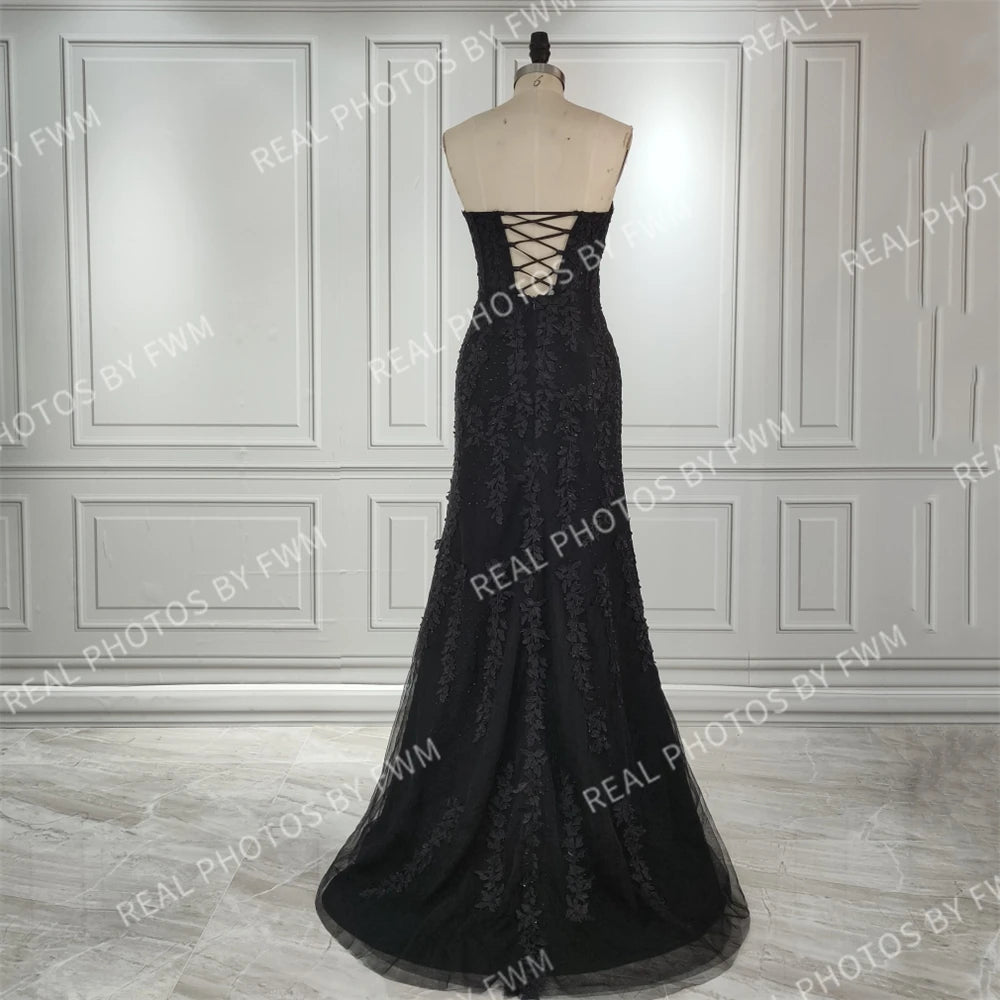 15305# Real Photo Black Sweep Train Lace Beading Strapless Wedding Bridal Gown Birthday Party Dress for Women Prom Evening Dress