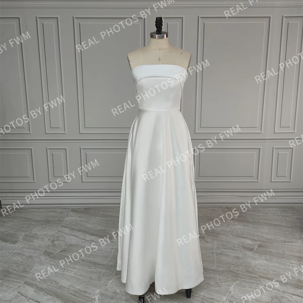 100% Real Photos Simple Sleeveless Strapless Satin Long Train A-line Wedding Dress Bridal Evening Prom Dress for Plus Size Women