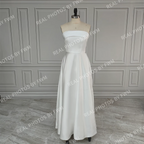 100% Real Photos Simple Sleeveless Strapless Satin Long Train A-line Wedding Dress Bridal Evening Prom Dress for Plus Size Women