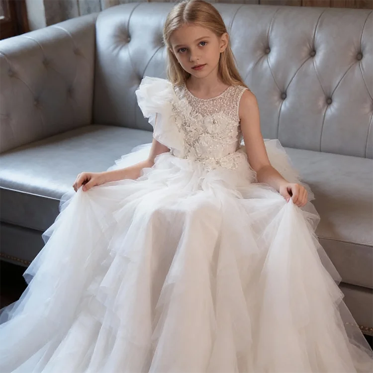 Custom Puffy Sequined Beaded Lace Appliques Tiered Tulle Flower Girl Dress with Sweep Train for Wedding/Party/Stage/Pageant
