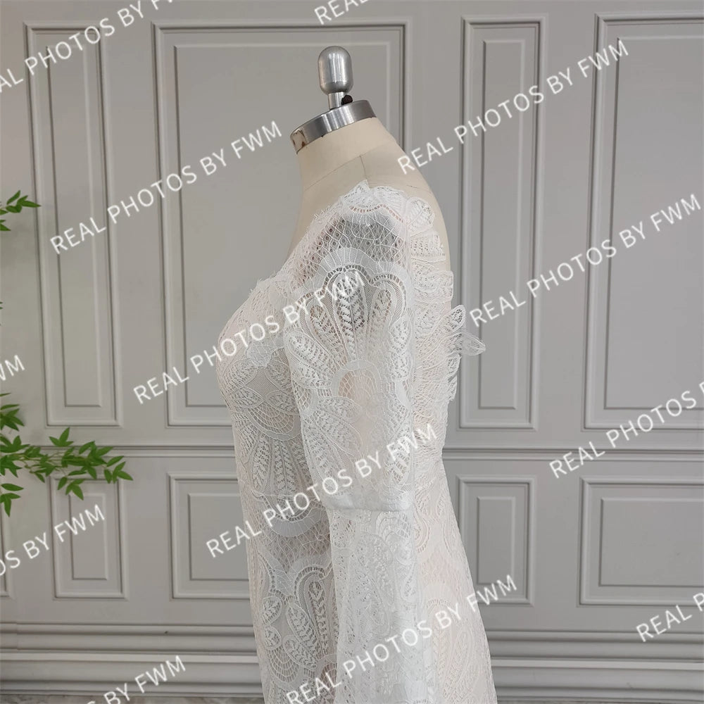 Real Photos High Quality Boho Flare Sleeves Lace Wedding Dress for Bride Woman Open Back Bridal Gown With Train  Wedding Gown