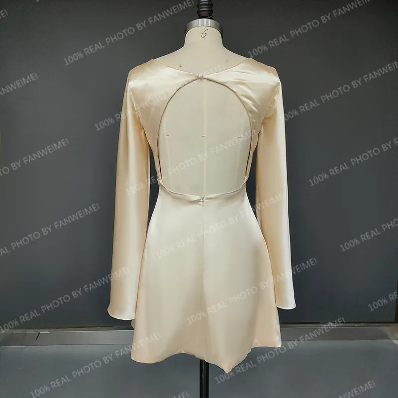 8864  Real Photo Flare Sleeve Backless Engagement Mini Wedding Gown Birthday Party Dress Plus Size Women Prom Evening Dress