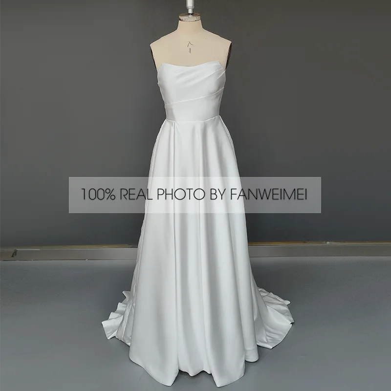 Real Photos Gorgeous Strapless Sleeveless A-Line Simple Sweep Train Satin Wedding Dress Side Slit Bridal Gown for Women