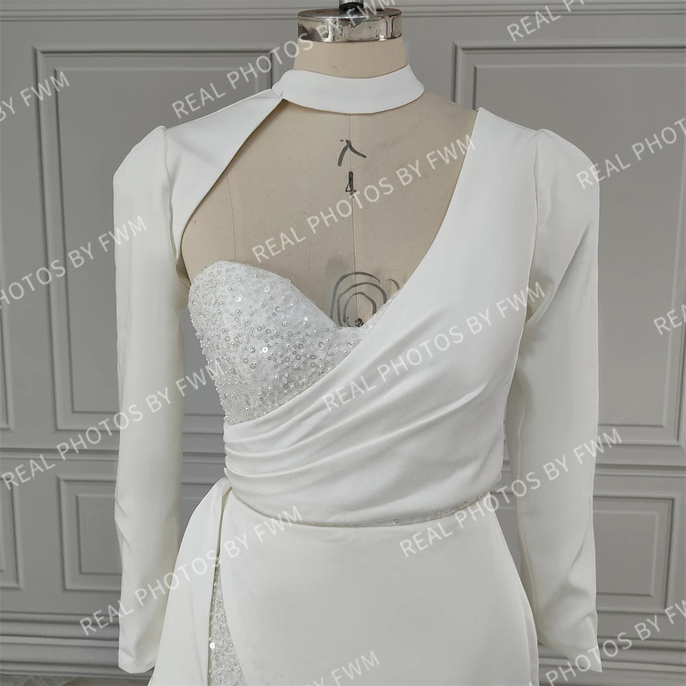 Real Photos Sexy Beading High Side Slit  Satin Wedding Dress Bridal Gown for Women With Detachable Sleeves